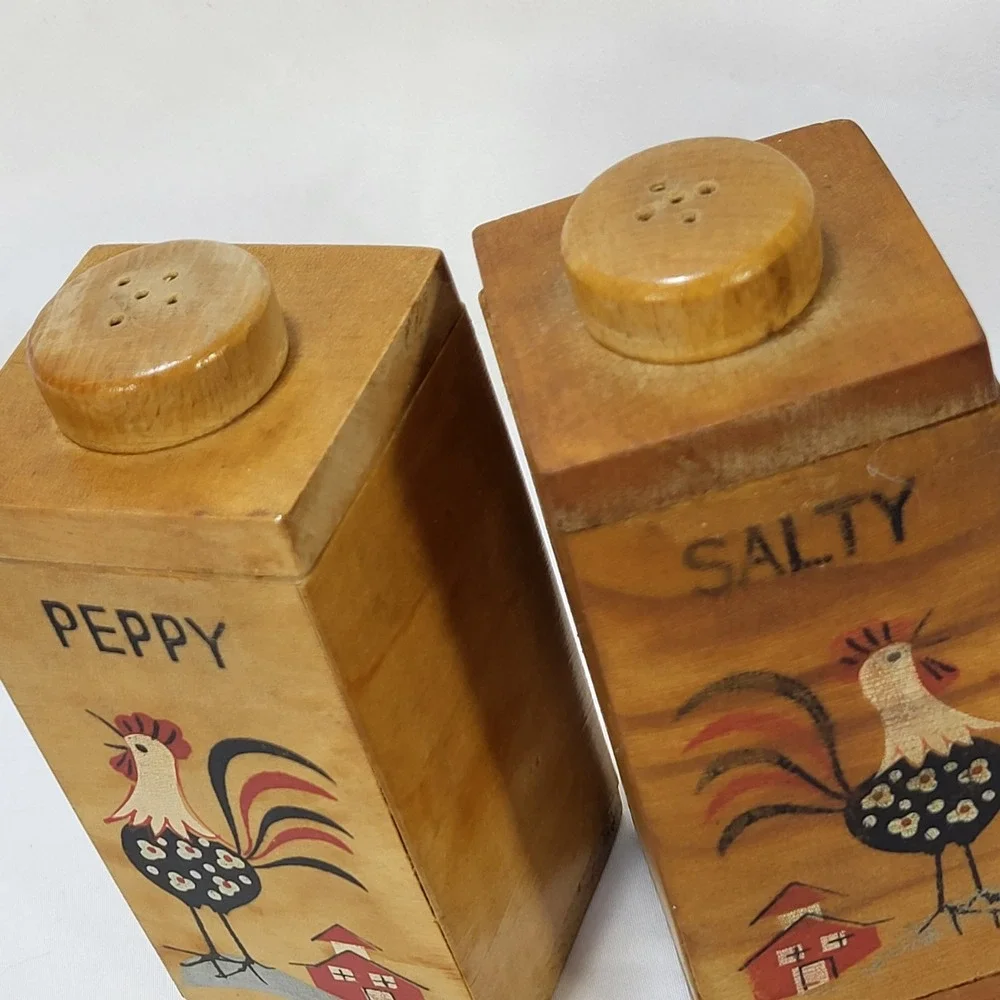 Vintage Japan Salty Peppy Wood Rooster Salt Pepper Shakers MCM Kitsch 5.5in